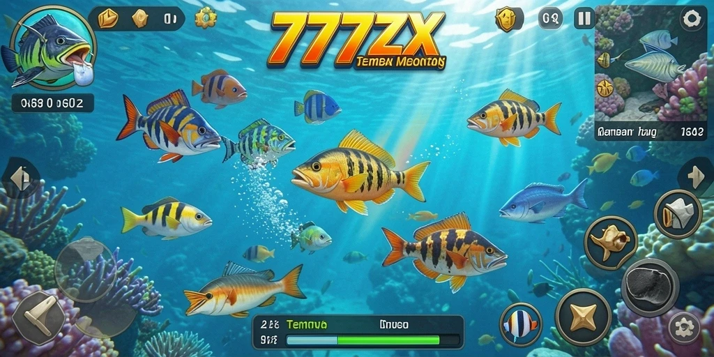Screenshot utama 777ZX menampilkan gameplay Tembak Ikan yang mendebarkan.