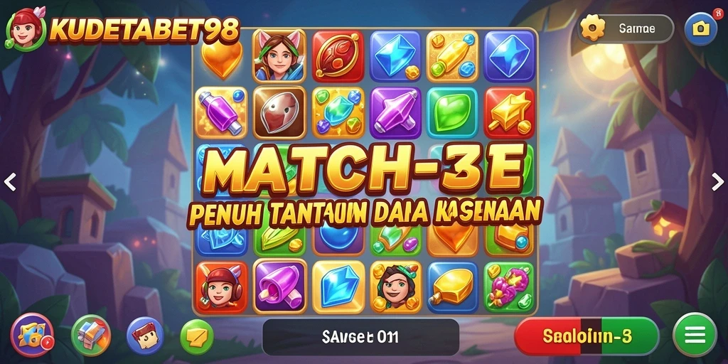 Screenshot gameplay KUDETABET98: Menunjukkan aksi mencocokkan buah dalam game Match-3.