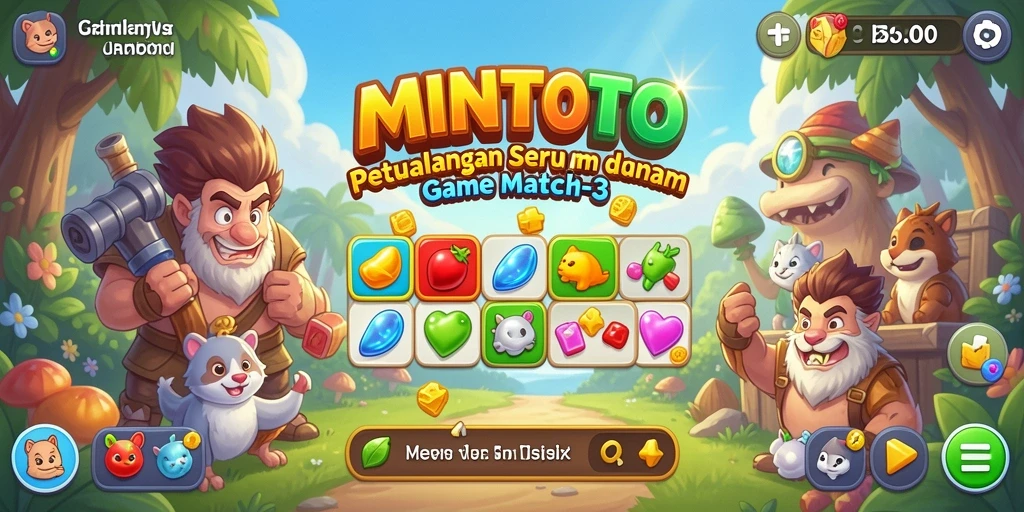 Gameplay MINTOTO yang menampilkan pencocokan item berwarna-warni.