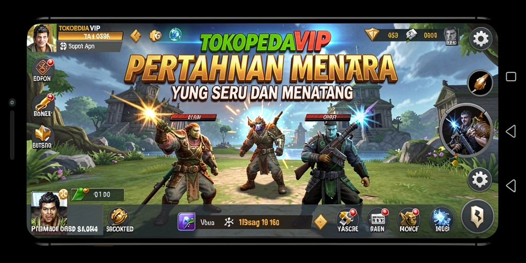 Screenshot TOKOPEDIAVIP menampilkan aksi menara pertahanan melawan gelombang musuh.